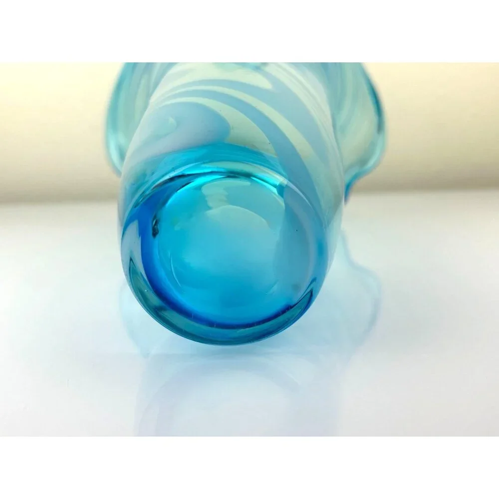 Blown Glass Art Fluted Aqua Blue & White Swirled Vase Home Decor 11.25